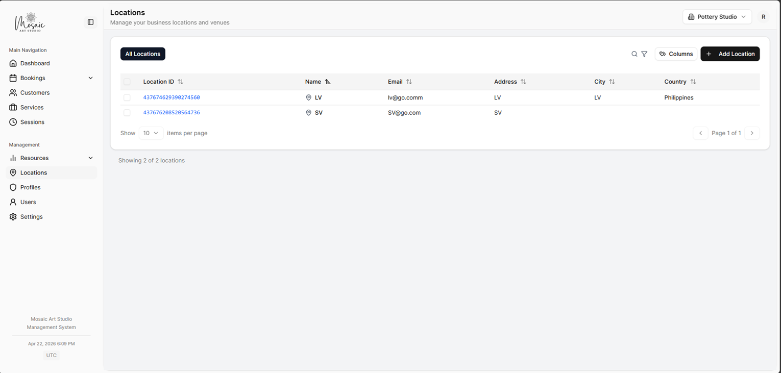 Locations management page with list of all locations